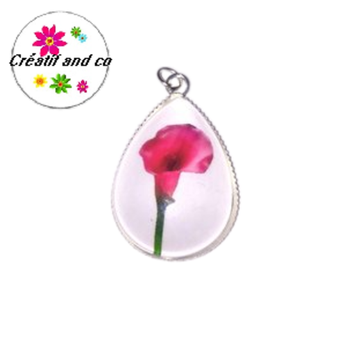 Pendentif et son cabochon goutte arum fuchsia 18x25mm
