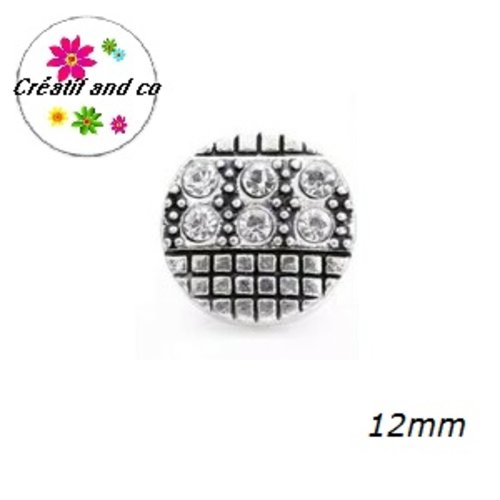 Bouton pression métal et strass argenté 12mm