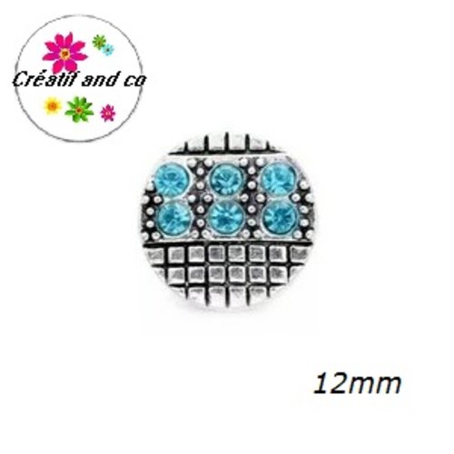 Bouton pression métal et strass turquoise 12mm