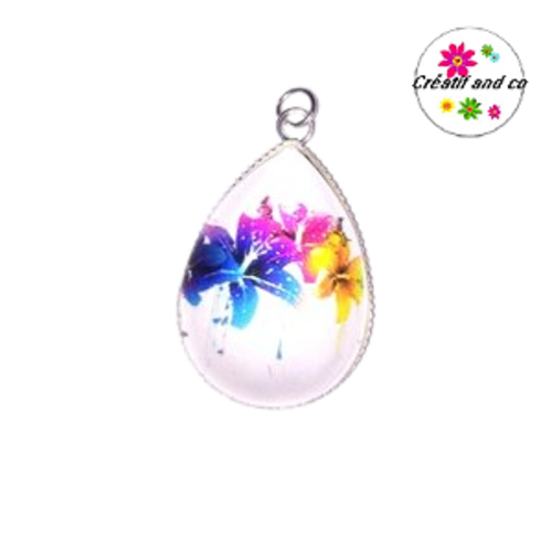 Pendentif cabochon goutte fleurs colorées