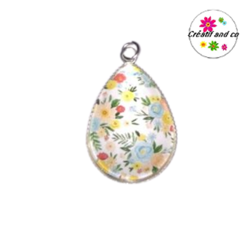 Pendentif cabochon goutte fleurie