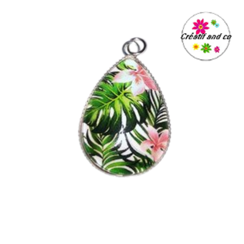 Pendentif et son cabochon fleurs et feuilles tropicales 18x25mm