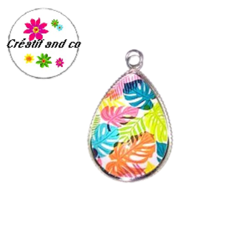 Pendentif et son cabochon feuilles tropicales colorées 18x25mm