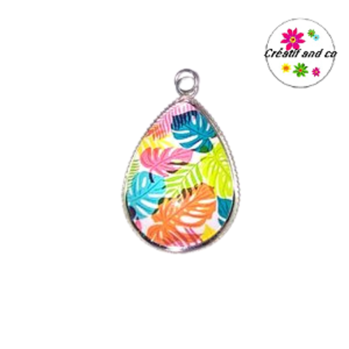 Pendentif et son cabochon feuilles tropicales colorées 18x25mm