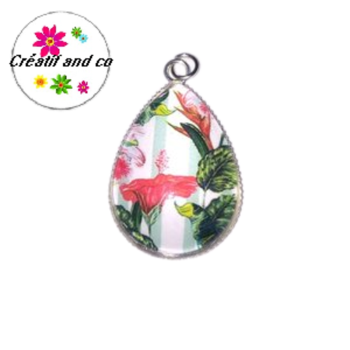 Pendentif et son cabochon fleurs et feuilles tropicales 18x25mm