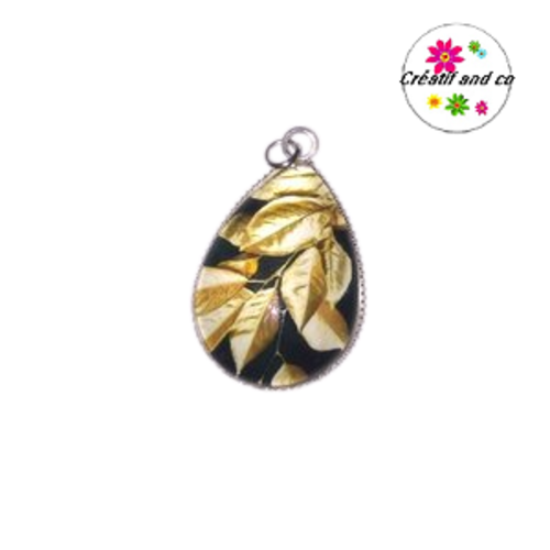 Pendentif cabochon goutte feuilles d'or
