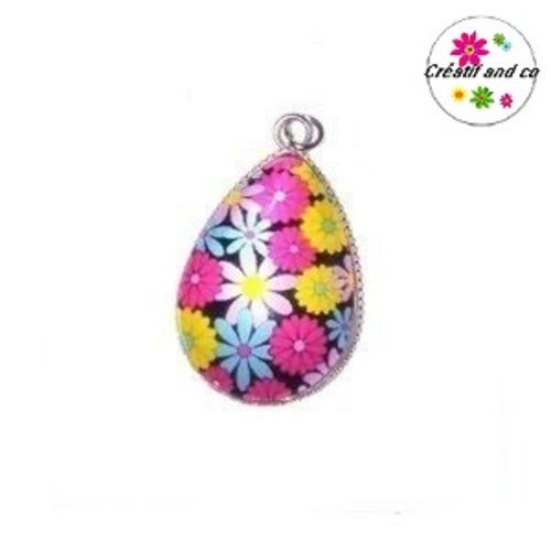Pendentif cabochon goutte fleurie