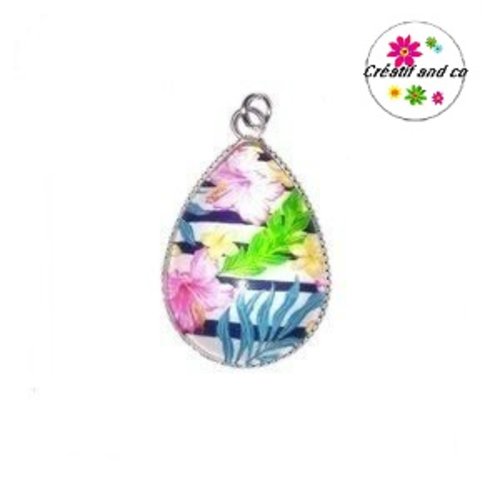 Pendentif cabochon goutte fleurs et feuilles tropicales