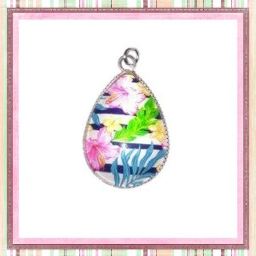 Pendentif et son cabochon goutte fleurs et feuilles tropicales 18x25mm