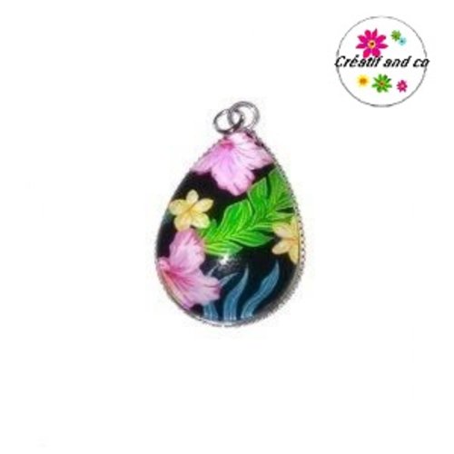 Pendentif cabochon goutte fleurs et feuilles tropicales