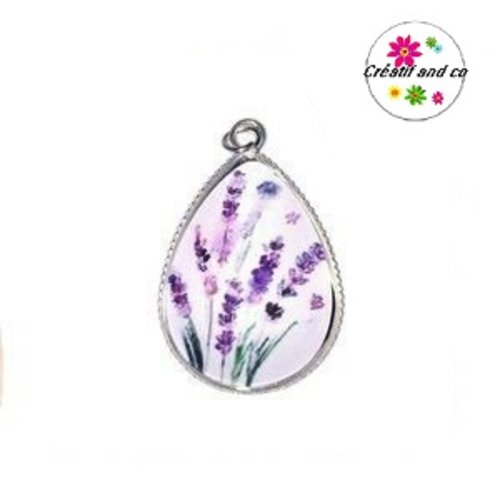 Pendentif cabochon goutte fleurs lavandes