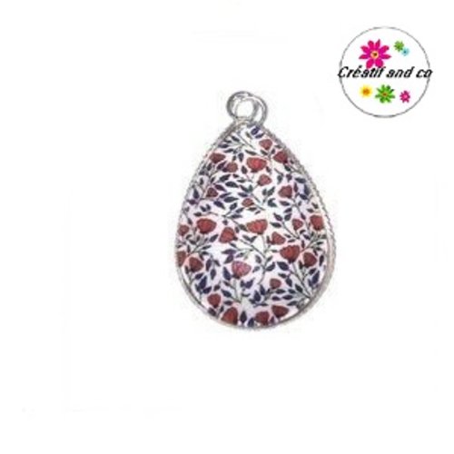 Pendentif cabochon goutte petites fleurs rouges