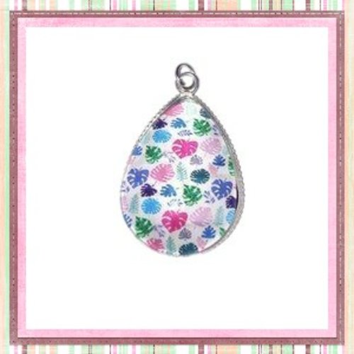 Pendentif et son cabochon goutte petites feuilles 18x25mm