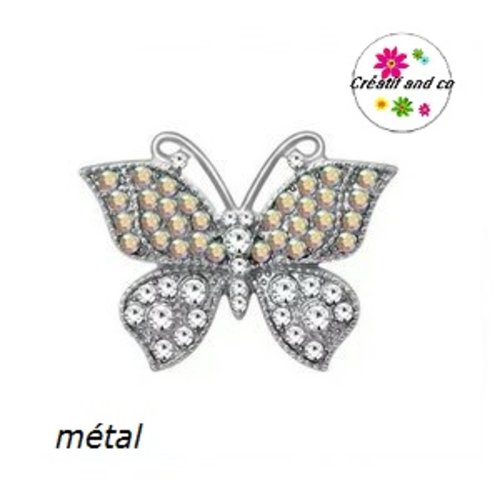 Bouton pression métal papillon strass argent/ rosé