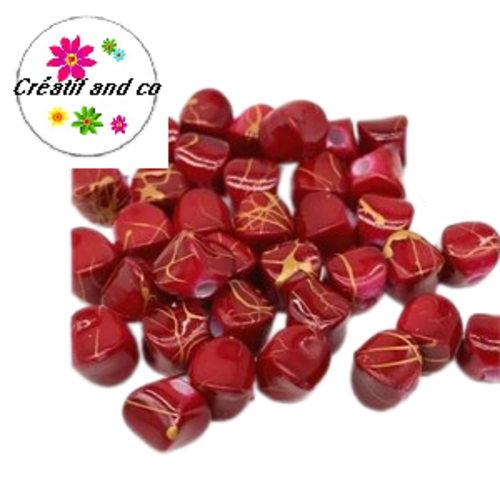 X10 perles acrylique rouge/or 9mm