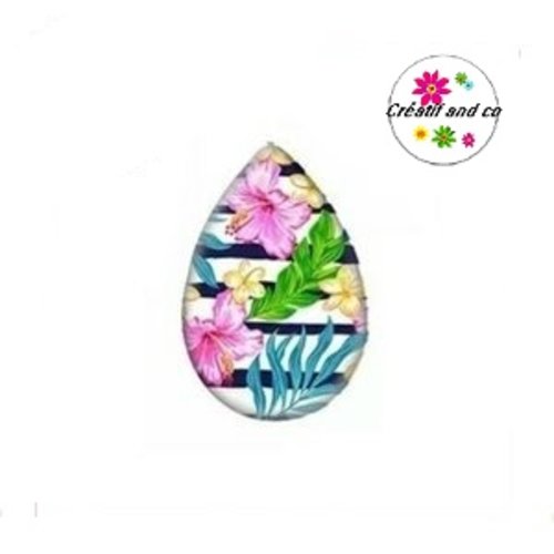 Cabochon goutte fleur et feuille tropicale 18x25mm