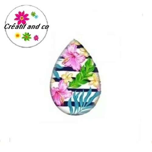 Cabochon goutte fleur et feuille tropicale 18x25mm