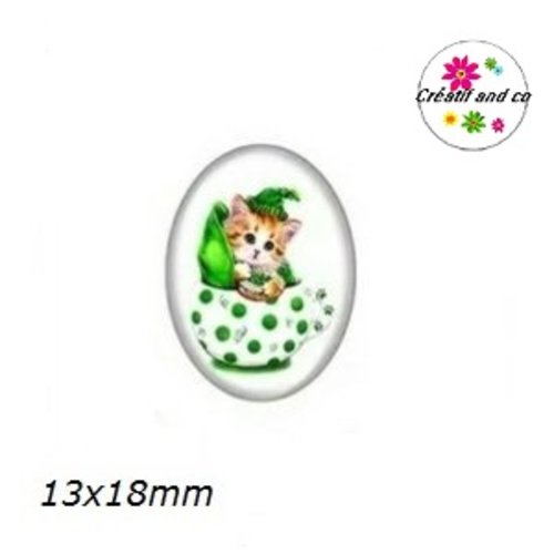 X2 cabochons ovales chat dans tasse 13x18mm