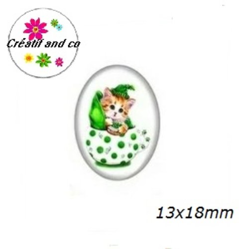 X2 cabochons ovales chat dans tasse  13x18mm