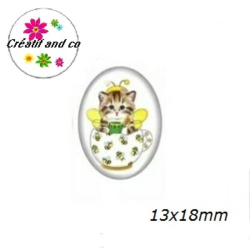 X2 cabochons ovales chat dans tasse  13x18mm