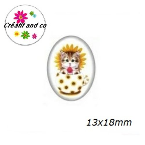 X2 cabochons ovales chat dans tasse 13x18mm