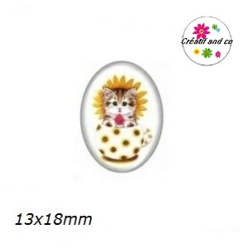 X2 cabochons ovales chat dans tasse 13x18mm