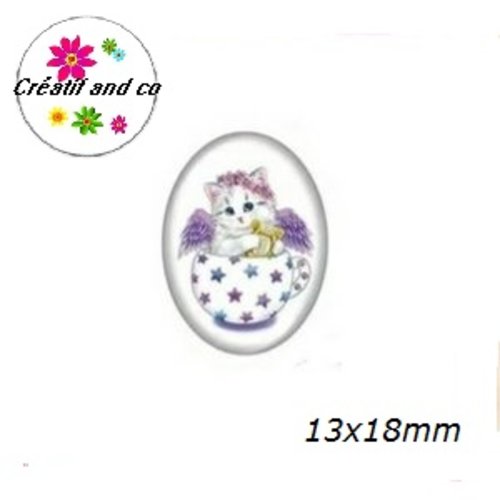X2 cabochons ovales chat dans tasse  13x18mm