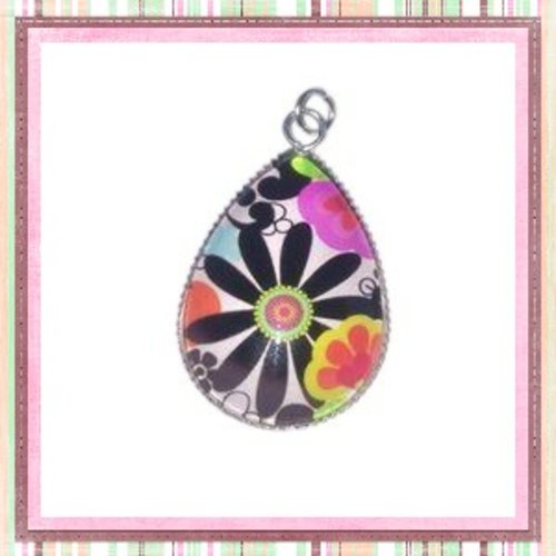 Pendentif et son cabochon goutte fleuri 18x25mm