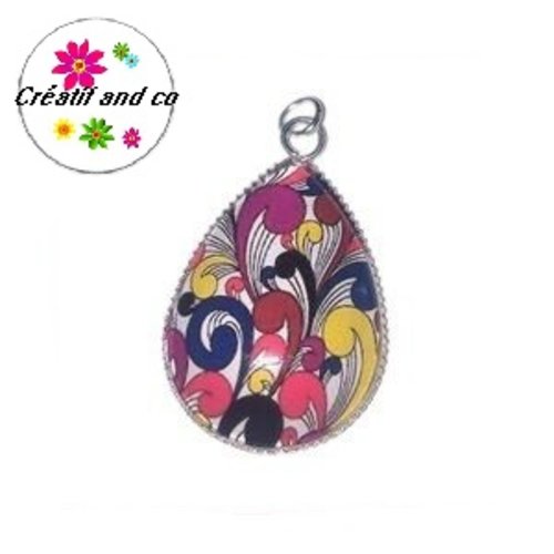 Pendentif et son cabochon goutte à motif 18x25mm