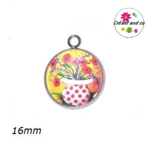 Pendentif cabochon fleur dans vase 16mm