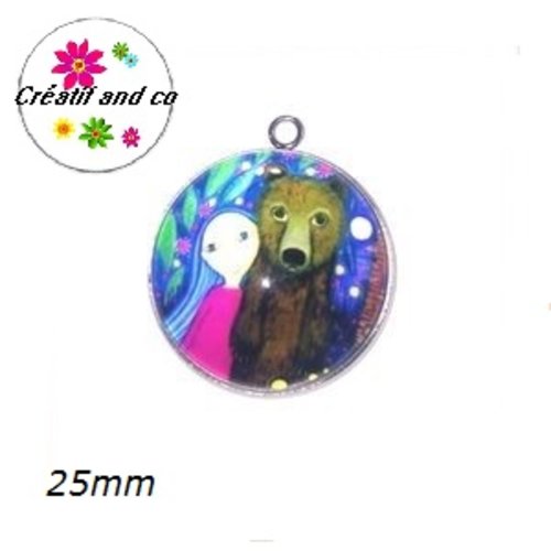 Pendentif cabochon fille et ours  25mm