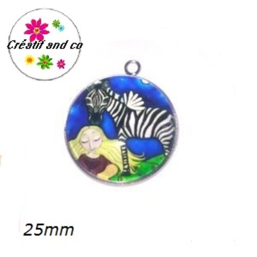Pendentif cabochon fille et zèbre  25mm