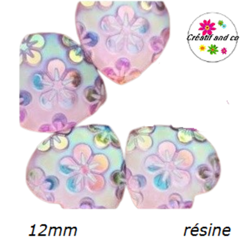 X2 cabochons coeur rose motif fleur résine 12mm