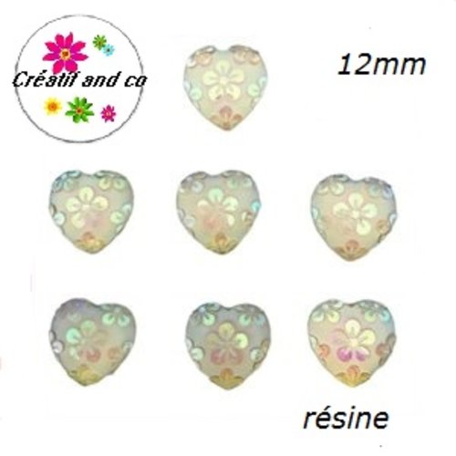 X2 cabochons coeur motif fleur résine blanc  12mm