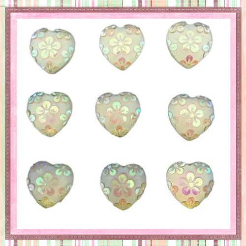 X2 cabochons coeur motif fleur résine blanc  12mm