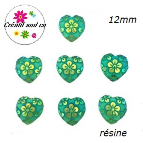 X2 cabochons coeur motif fleur résine vert 12mm