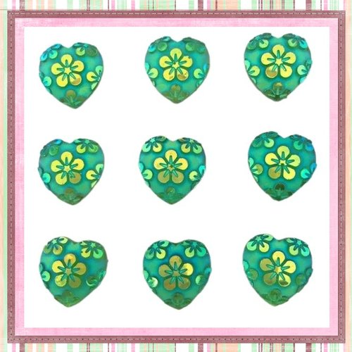 X2 cabochons coeur motif fleur résine vert 12mm