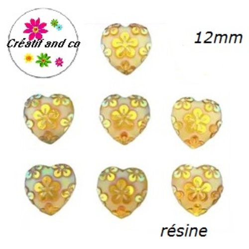 X2 cabochons coeur motif fleur résine jaune 12mm