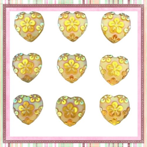 X2 cabochons coeur motif fleur résine jaune 12mm