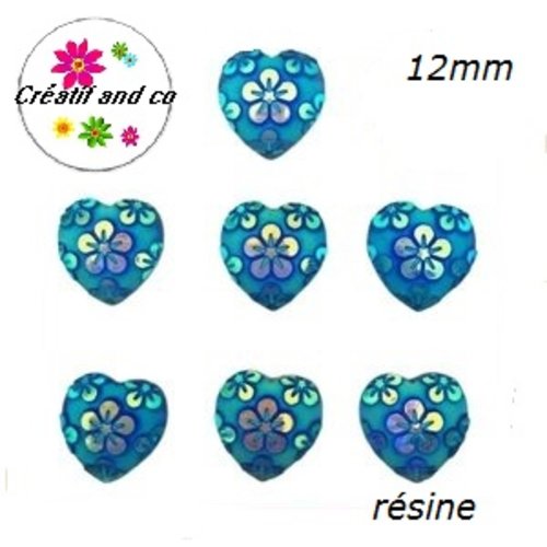 X2 cabochons coeur motif fleur résine bleu 12mm