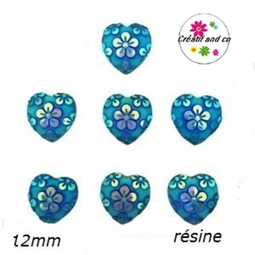 X2 cabochons coeur bleu motif fleur résine 12mm