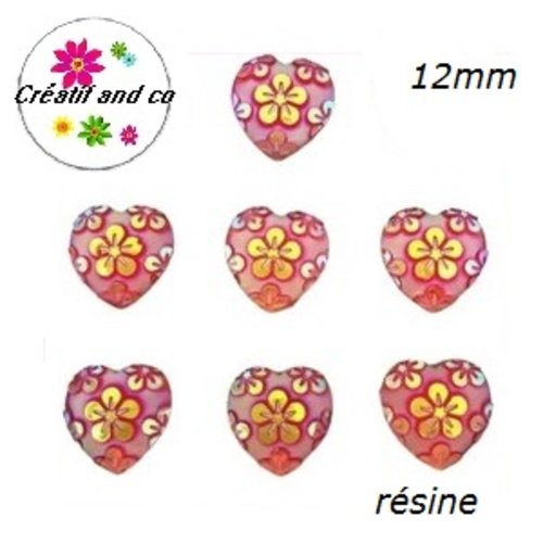 X2 cabochons coeur motif fleur résine rouge 12mm