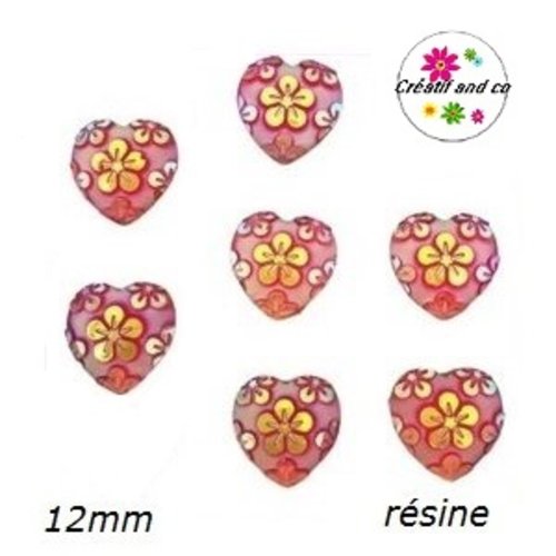 X2 cabochons coeur rouge motif fleur résine 12mm