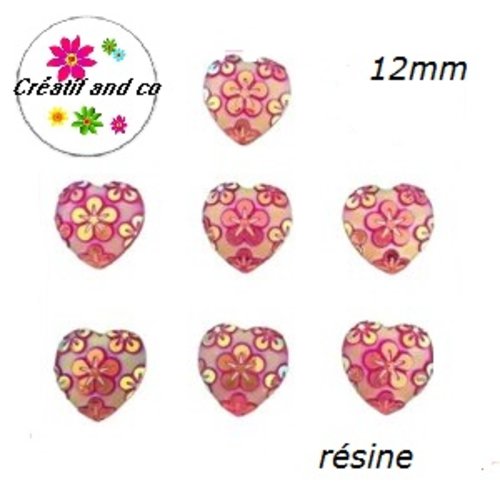 X2 cabochons coeur motif fleur résine fuchsia 12mm