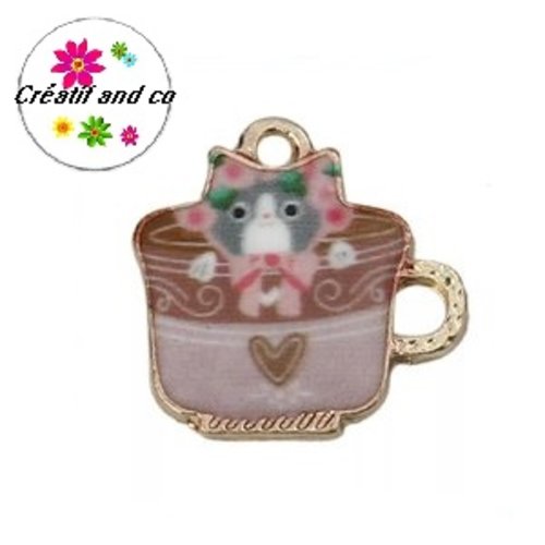 Breloque chat dans tasse émail 15mm