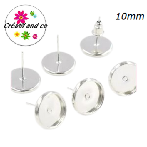 X4 puces oreilles rhodium clair inoxydable pour cabochon 10mm