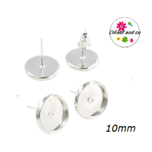 X4 puces oreilles rhodium clair inoxydable pour cabochon 10mm