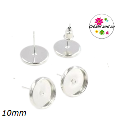 X4 puces oreilles rhodium clair inoxydable pour cabochon 10mm