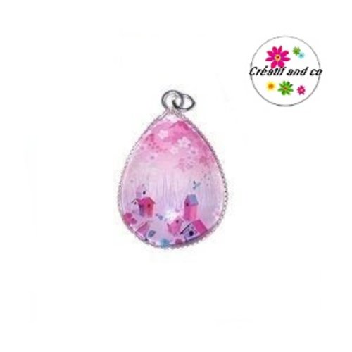 Pendentif cabochon goutte petites cabanes en bois