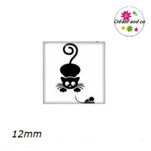X2 cabochons carrés chat noir fond blanc 12mm